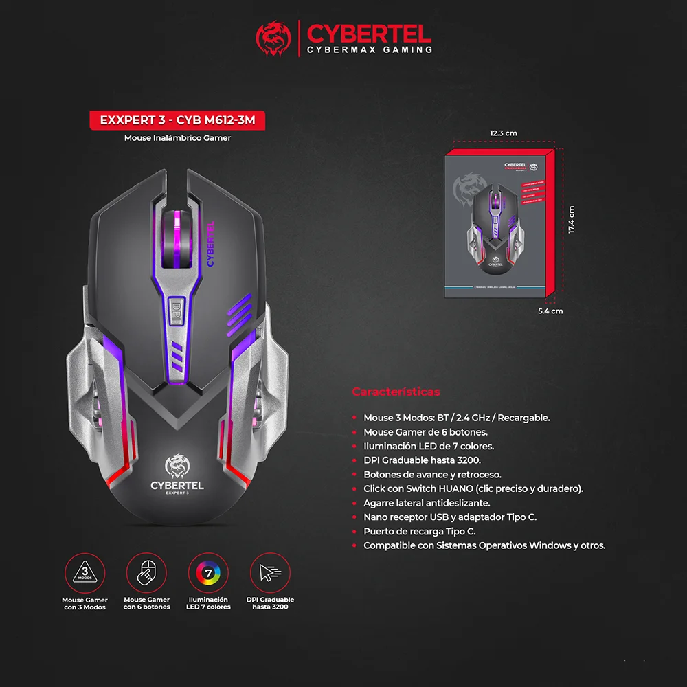 Mouse Gamer RGB Cybertel Exxpert CBX M612-3M - 3 Recargable USB-C Triple Conexión