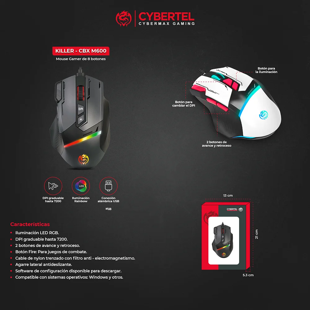 Mouse Gamer RGB Cybertel Killer CBX M600 - USB 8B 7200DPI Alta Precisión