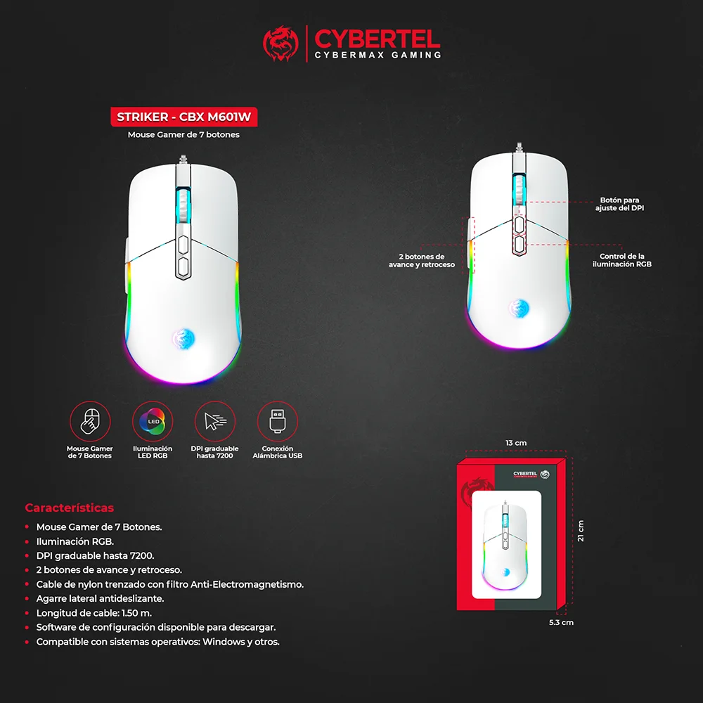 Mouse Gamer RGB Cybertel Striker CBX M601W - White USB 7B 7200DPI Alta Precisión
