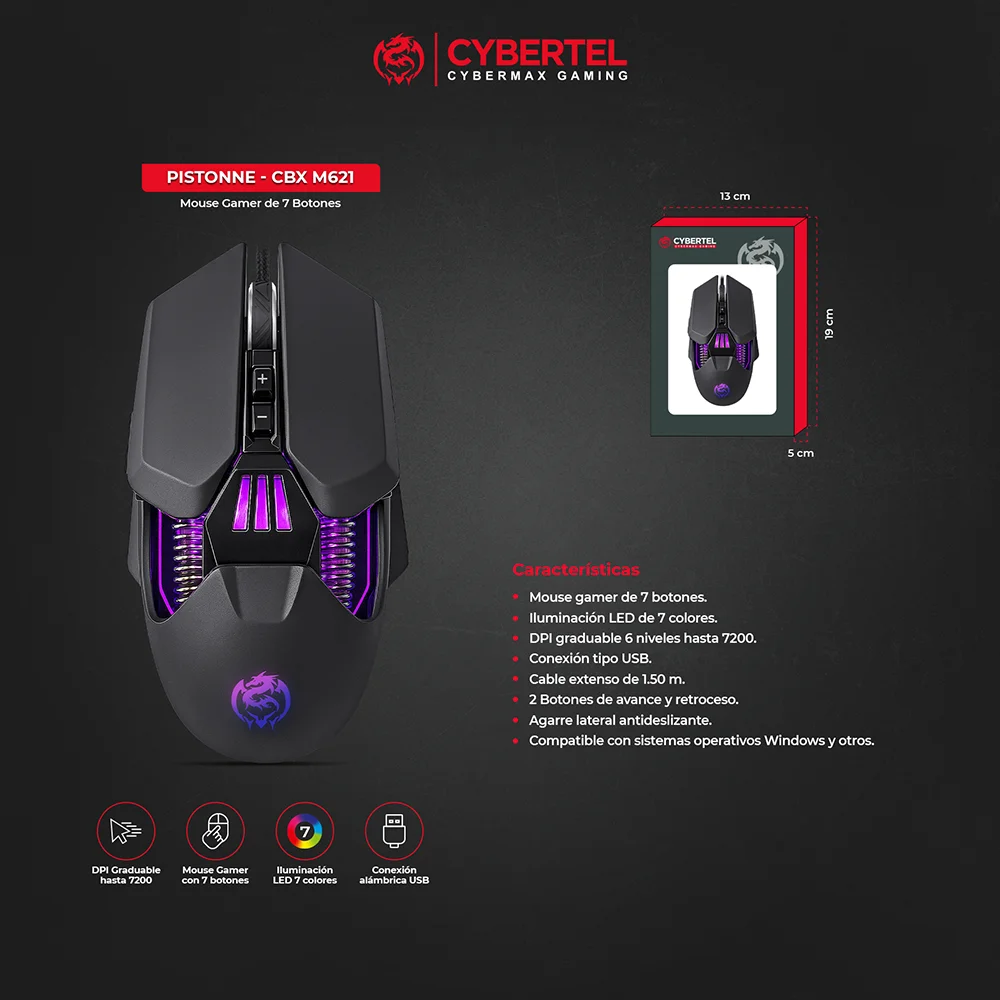 Mouse Gamer RGB Cybertel Pistone CBX M621 - USB 7B 7200DPI Alta Precisión