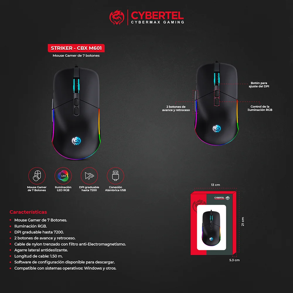 Mouse Gamer RGB Cybertel Striker CBX M601 - Black 7200 DPI