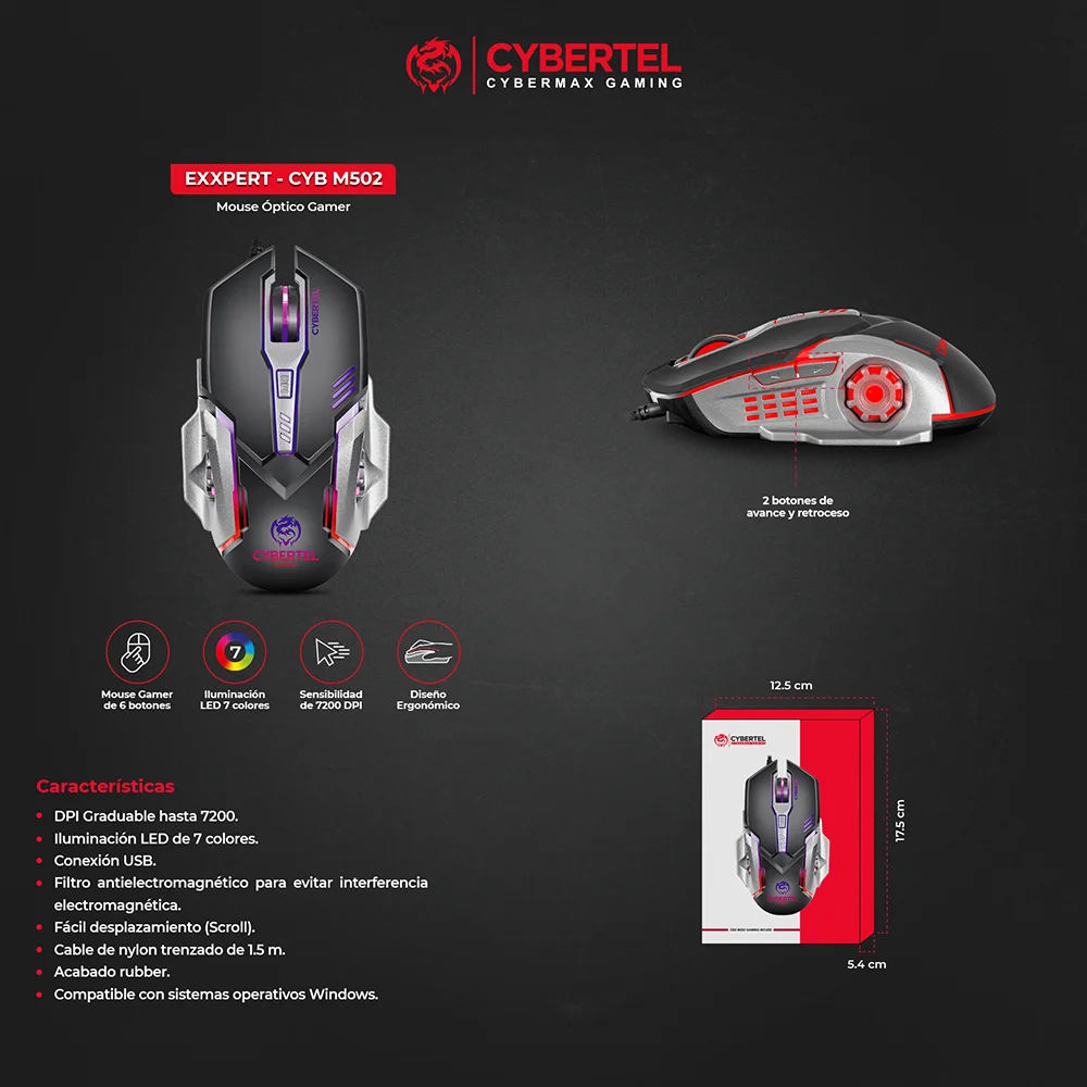 Mouse Gamer RGB Cybertel Exxpert CBX M502 - Black 7200 DPI 7 LEDs