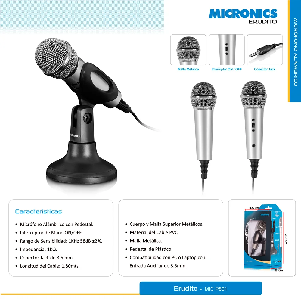 Micrófono para PC Micronics Erudito Alámbrico MIC P801 - Cable 1.8m Pedestal