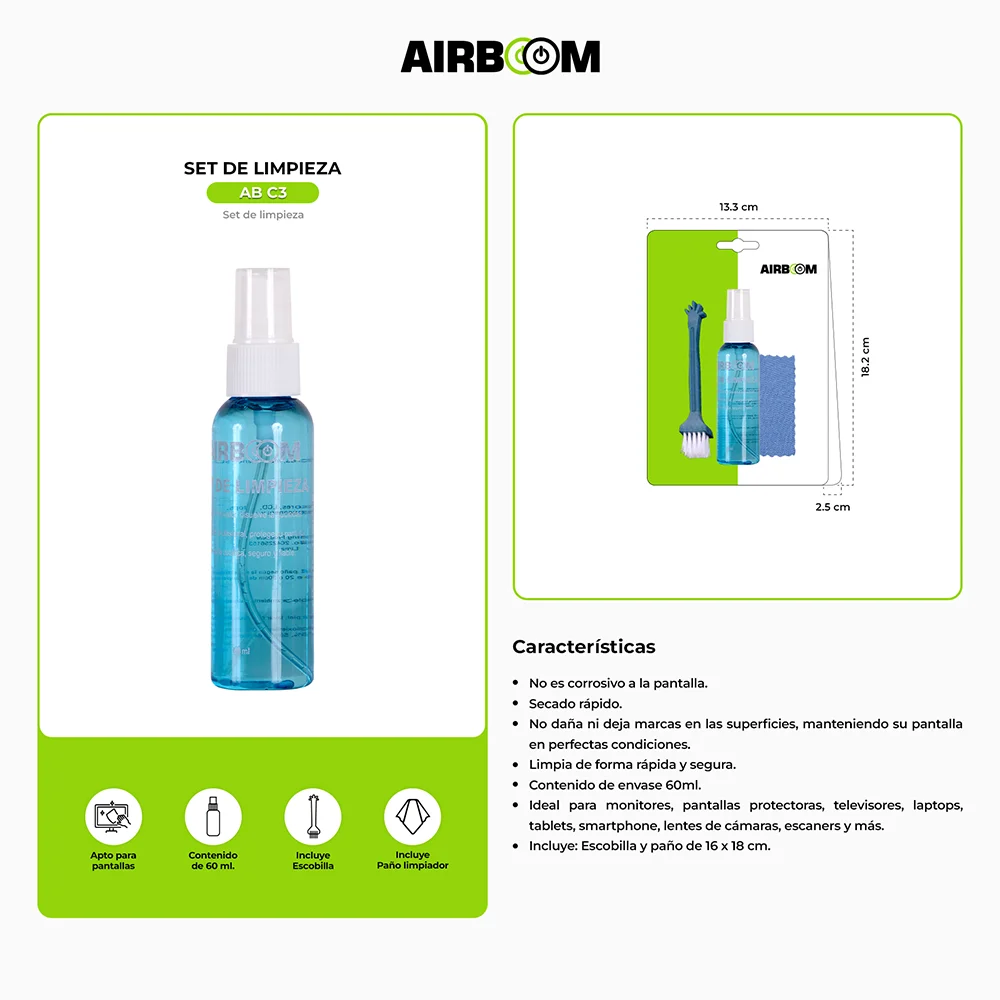 Kit de Limpieza PC Airboom AB C3 - de 60ml para Pantallas y Laptops