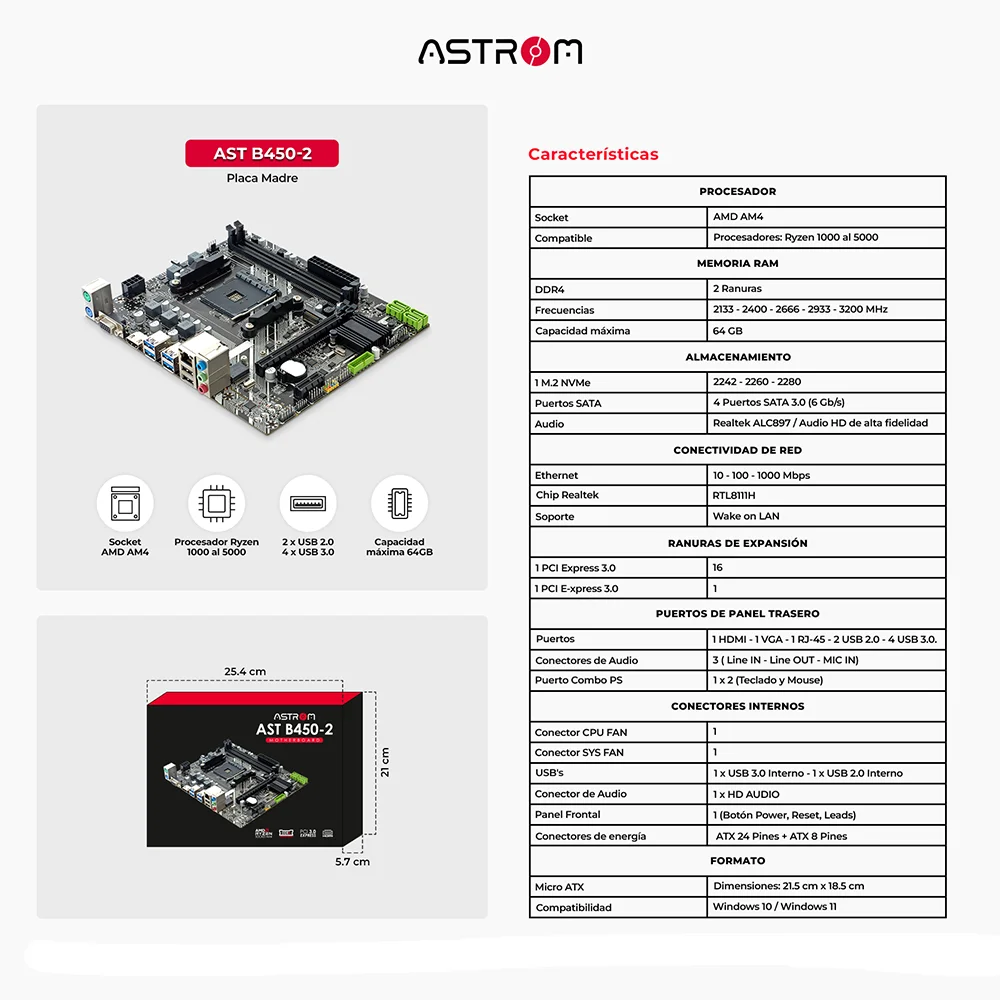 Placa Madre AM4 Astrom AST B450-2 - Micro-ATX Socket AMD Ryzen