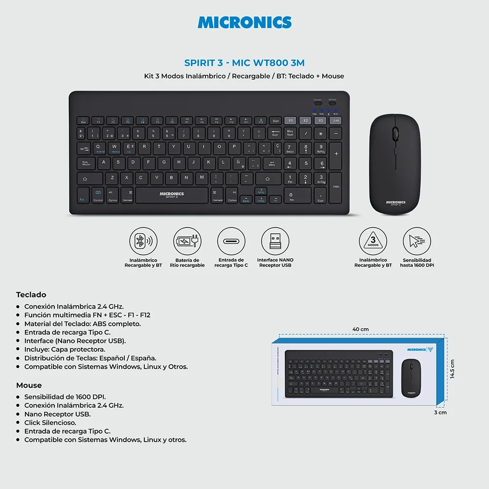 Kit Teclado y Mouse Inalámbrico Micronics Kit Spirit3 MIC WT800-3M - Black + WiFi Smart TV