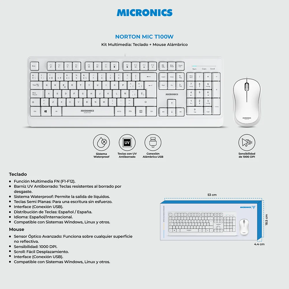 Kit Teclado y Mouse Inalámbrico Micronics Kit Norton MIC T100w - White + USB