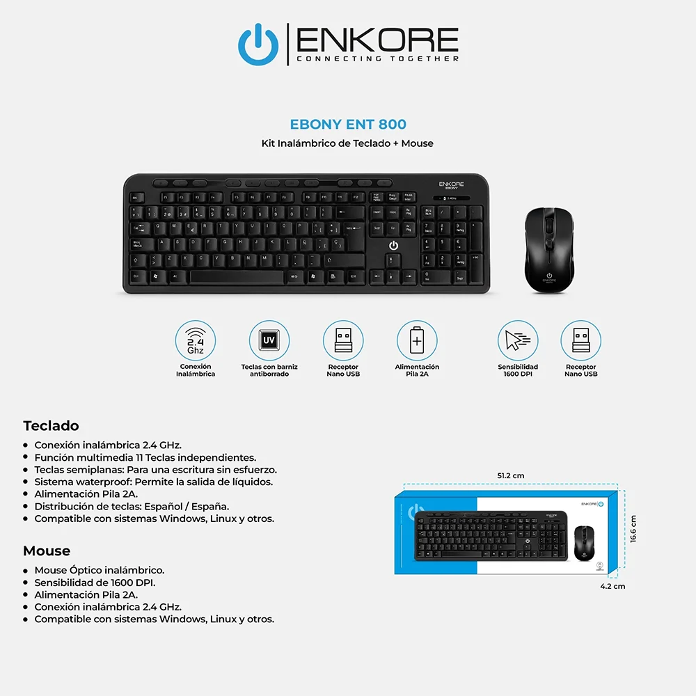 Kit de Escritorio Enkore Ebony ENK T800 Inalámbrico (Teclado + Mouse Inalámbrico)