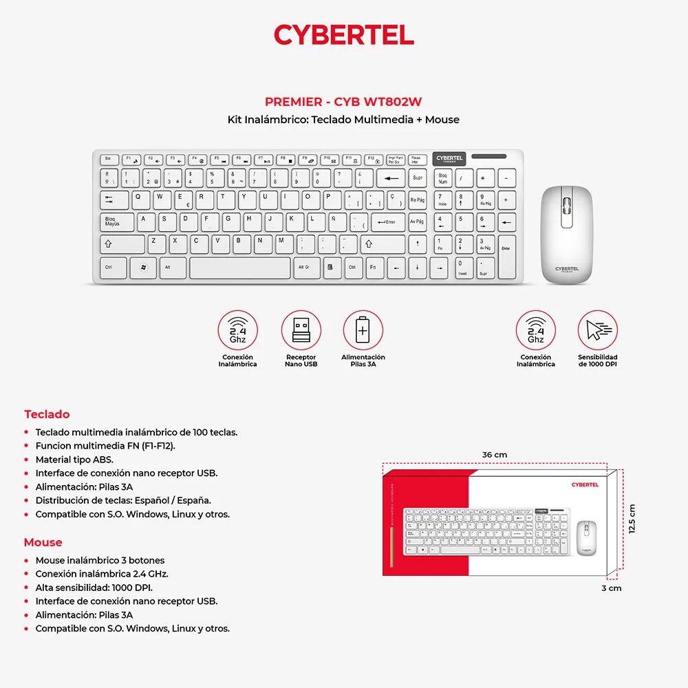 Kit Teclado y Mouse Inalámbrico Cybertel Premier WT802W Blanco