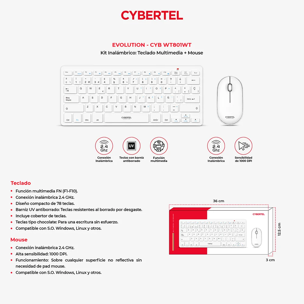 Kit Teclado y Mouse Inalámbrico Cybertel Evolution WT801 Blanco