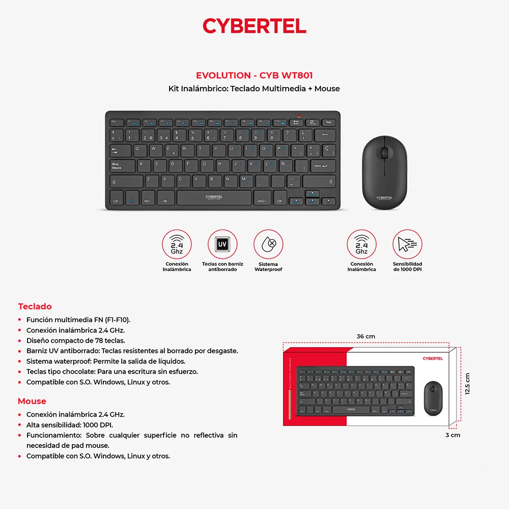 Kit Teclado y Mouse Inalámbrico Cybertel Evolution WT801 Negro