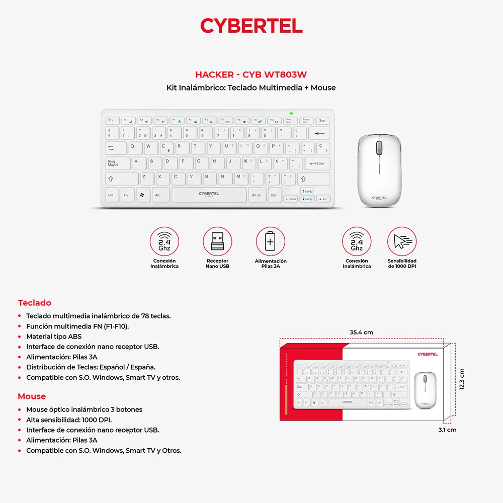 Kit Teclado y Mouse Inalámbrico Cybertel Hacker WT803W Blanco