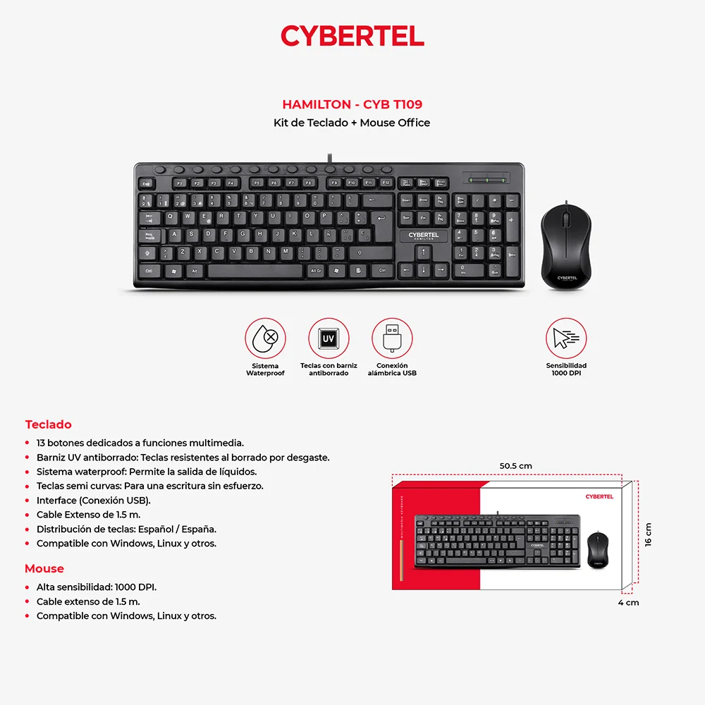 Kit Teclado y Mouse Inalámbrico Cybertel Hamilton T109 Negro