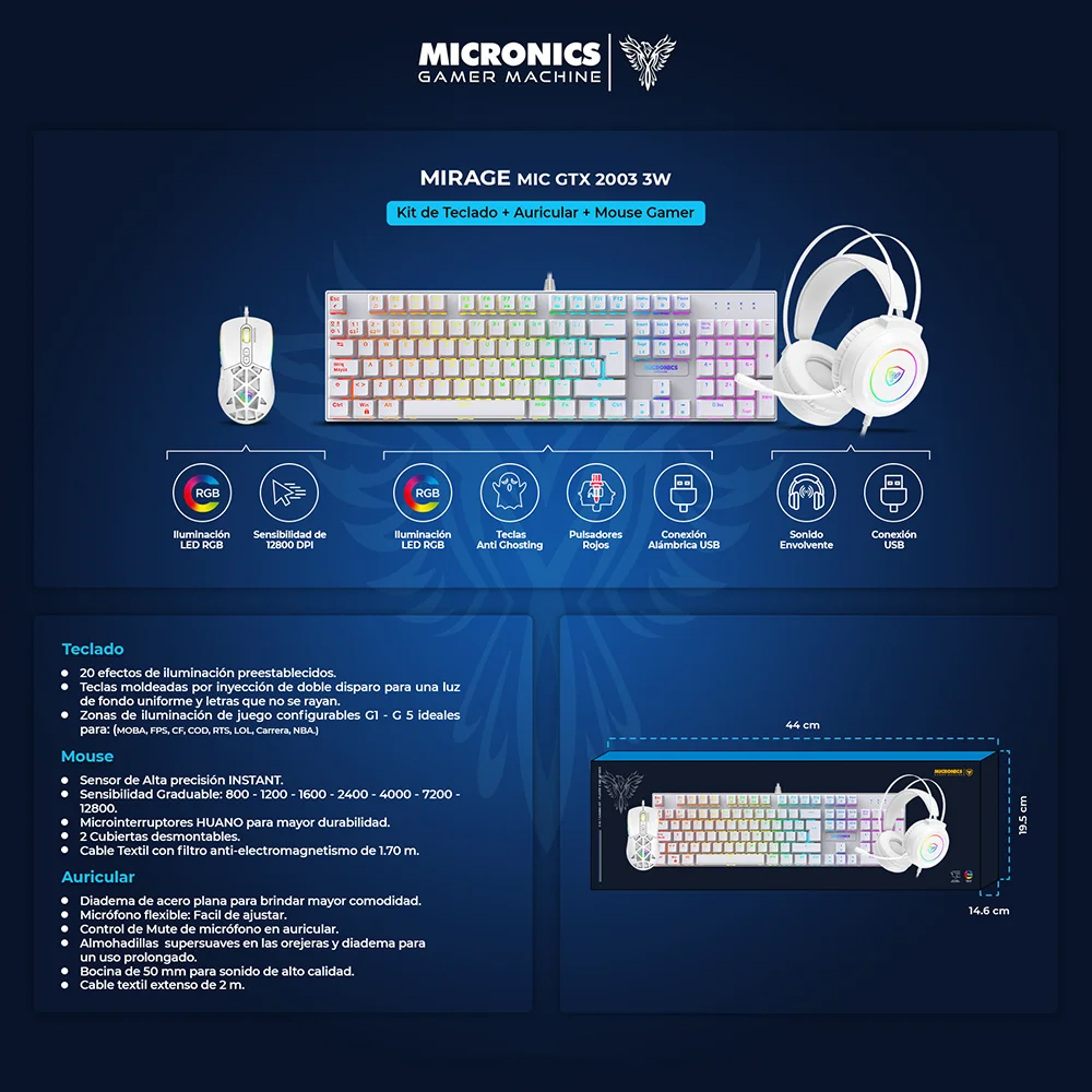 Kit Gamer Micronics Mirage White MIC GTX2003-3W (Teclado + Mouse + Auricular)