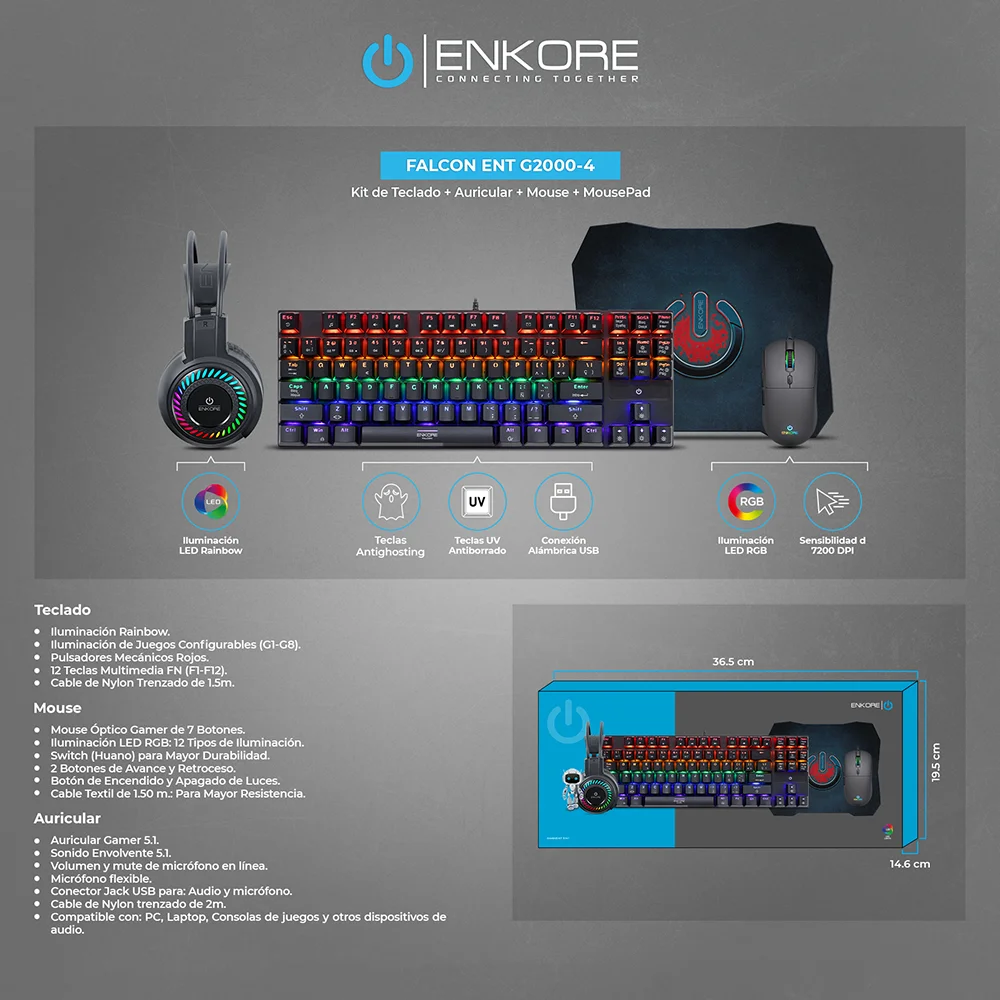 Kit Gamer Enkore Falcon ENT G2000-4 (Teclado + Mouse + Audífonos + Pad Mouse)