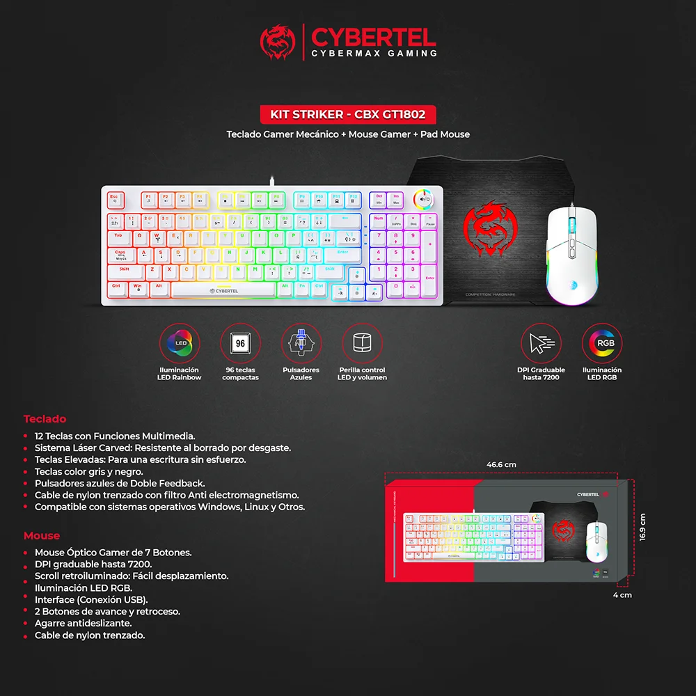 Kit Gamer Cybertel Striker GT1802W Blanco: Teclado Mecánico, Mouse y Pad