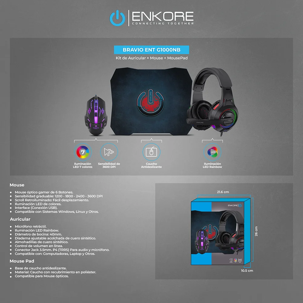 Kit Gamer Enkore Bravio ENT G1000NB (Audífonos + Mouse + Pad Mouse)
