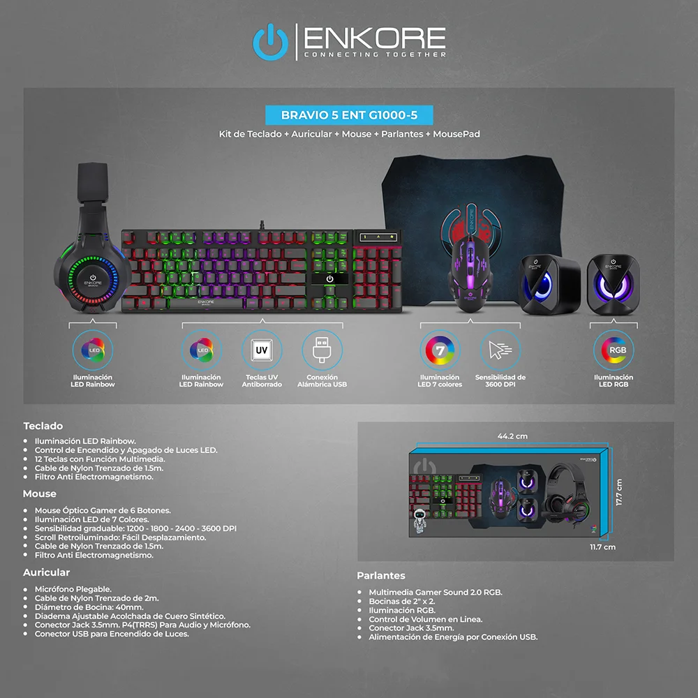 Kit Gamer Enkore Bravio5 ENT G1000-5 (Teclado + Mouse + Audífonos + Parlante + Pad Mouse)
