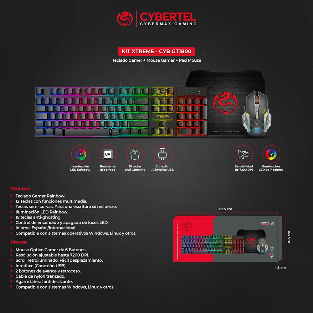 Kit Gamer Cybertel Xtreme GT1800: Teclado, Mouse LED y Pad