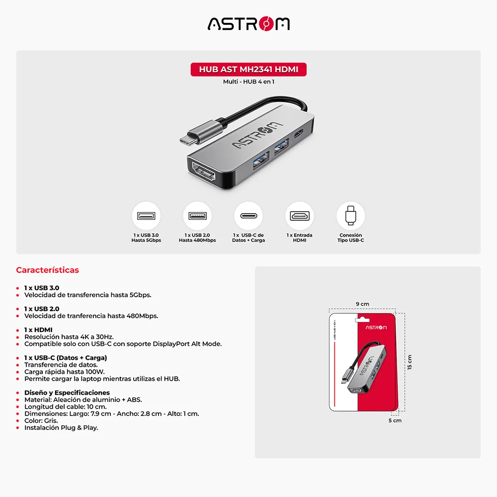 Hub USB Multi-puerto Astrom AST MH2341-HDMI - 4 en 1 1Port 3.0 / 1Port 2.0 / 1HDMI / 1Port -C