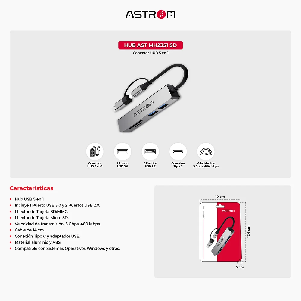 Hub USB Multi-puerto Astrom AST MH2351-SD - 5 en 1 1Port 3.0 / 2Ports 2.0 / 1SD / 1mSD