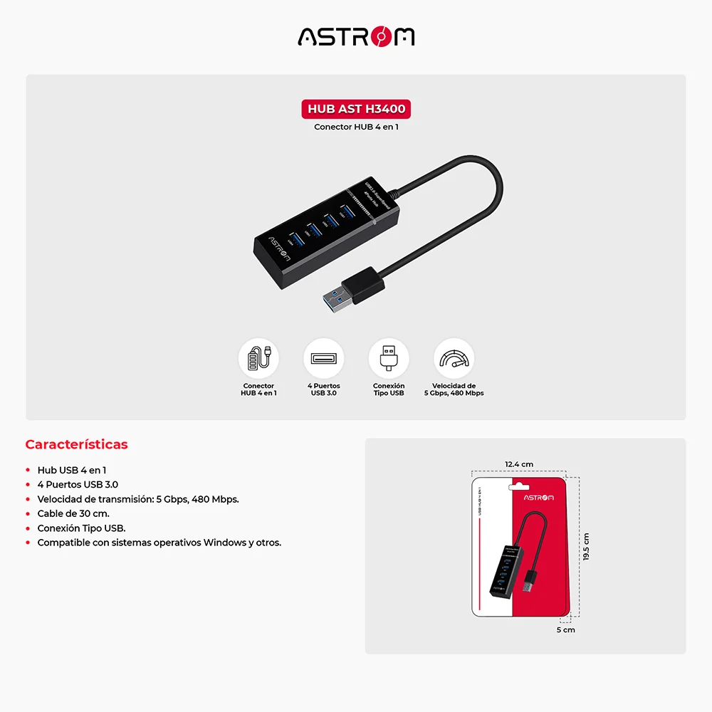 Hub USB Multi-puerto Astrom AST H3400 - 4 Puertos 3.0 Alta Velocidad