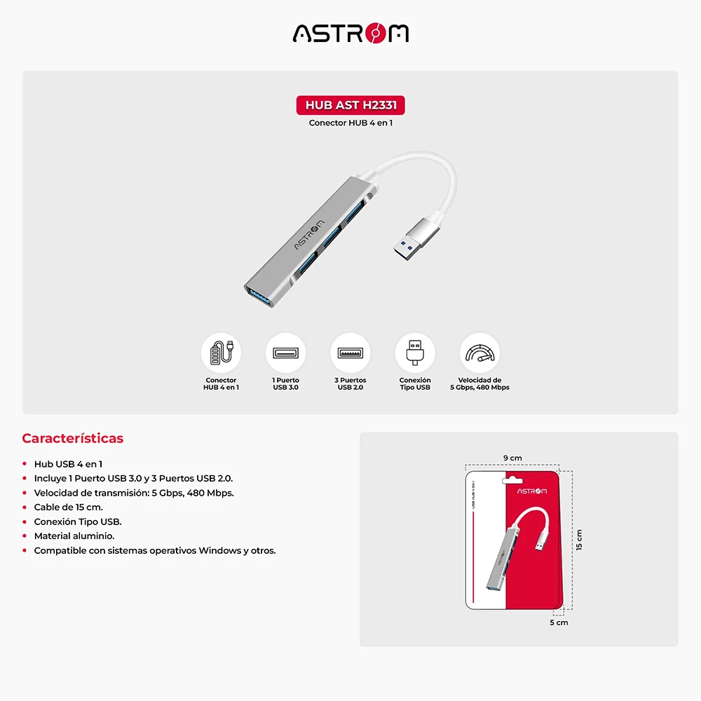 Hub USB Multi-puerto Astrom AST H2331 - 4 en 1 Aluminio 1 Port 3.0 3 Ports 2.0