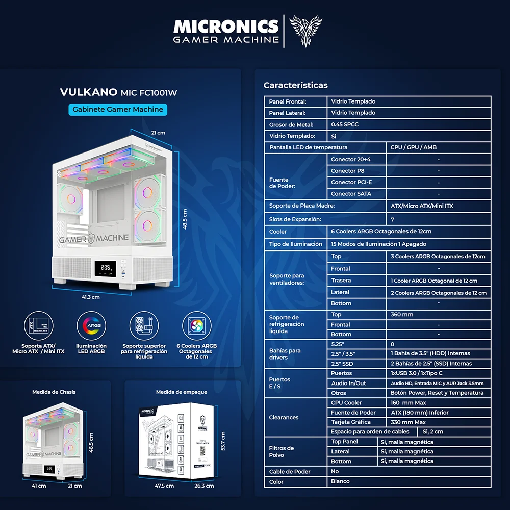 Gabinete Gamer Micronics Vulkano MIC FC1001W - White 6Fan ARGB Display Iluminación LED