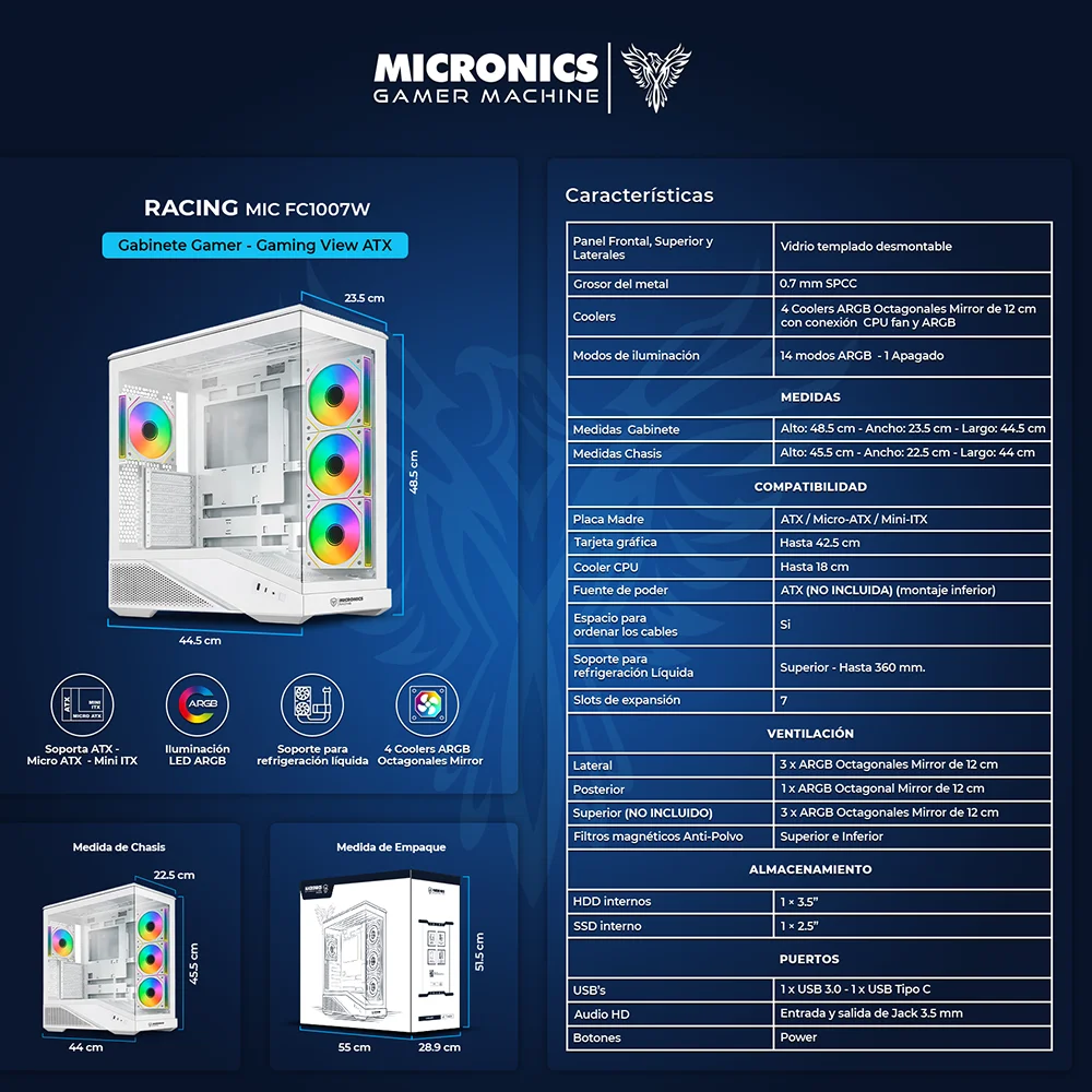 Gabinete Gamer Micronics Racing MIC FC1007W - White 4Fan ARGB Iluminación LED
