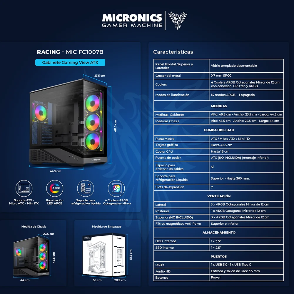 Gabinete Gamer Micronics Racing MIC FC1007B - Black 4Fan ARGB Iluminación LED