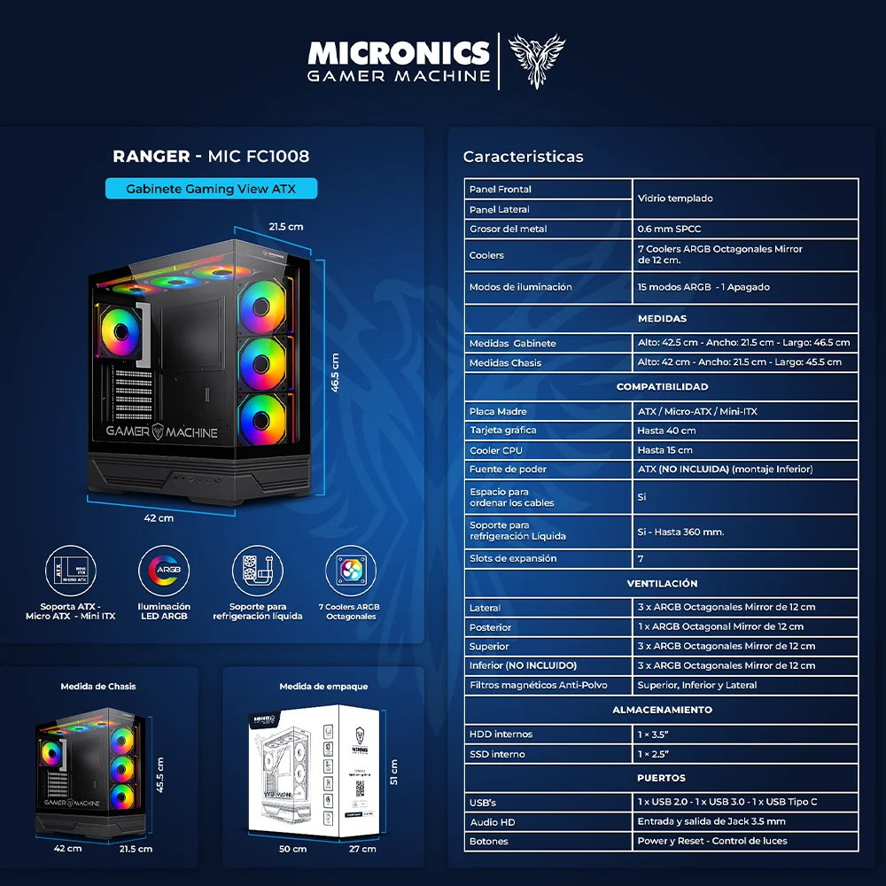 Gabinete Gamer Micronics Ranger MIC FC1008 - Black 7Fan ARGB Double Halo Iluminación LED