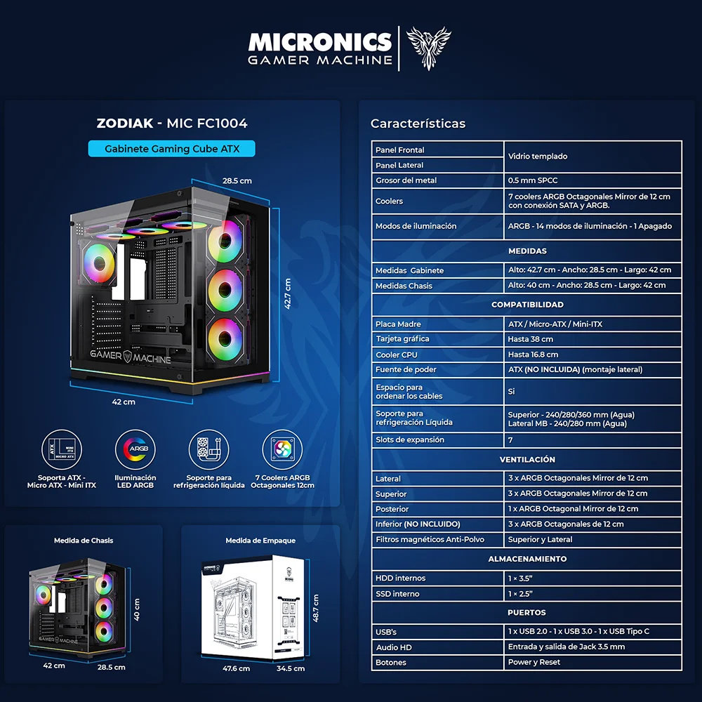 Gabinete Gamer Micronics Zodiak 7Fan MIC FC1004 - ARGB Iluminación LED