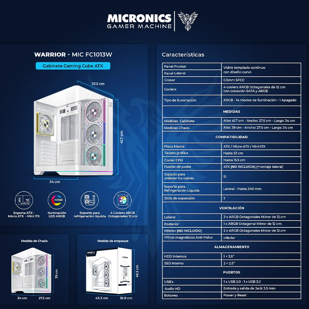 Gabinete Gamer Micronics Warrior MIC FC1013W - White 4Fan ARGB Iluminación LED