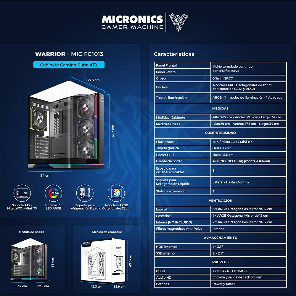 Gabinete Gamer Micronics Warrior MIC FC1013 - Black 4Fan ARGB Iluminación LED