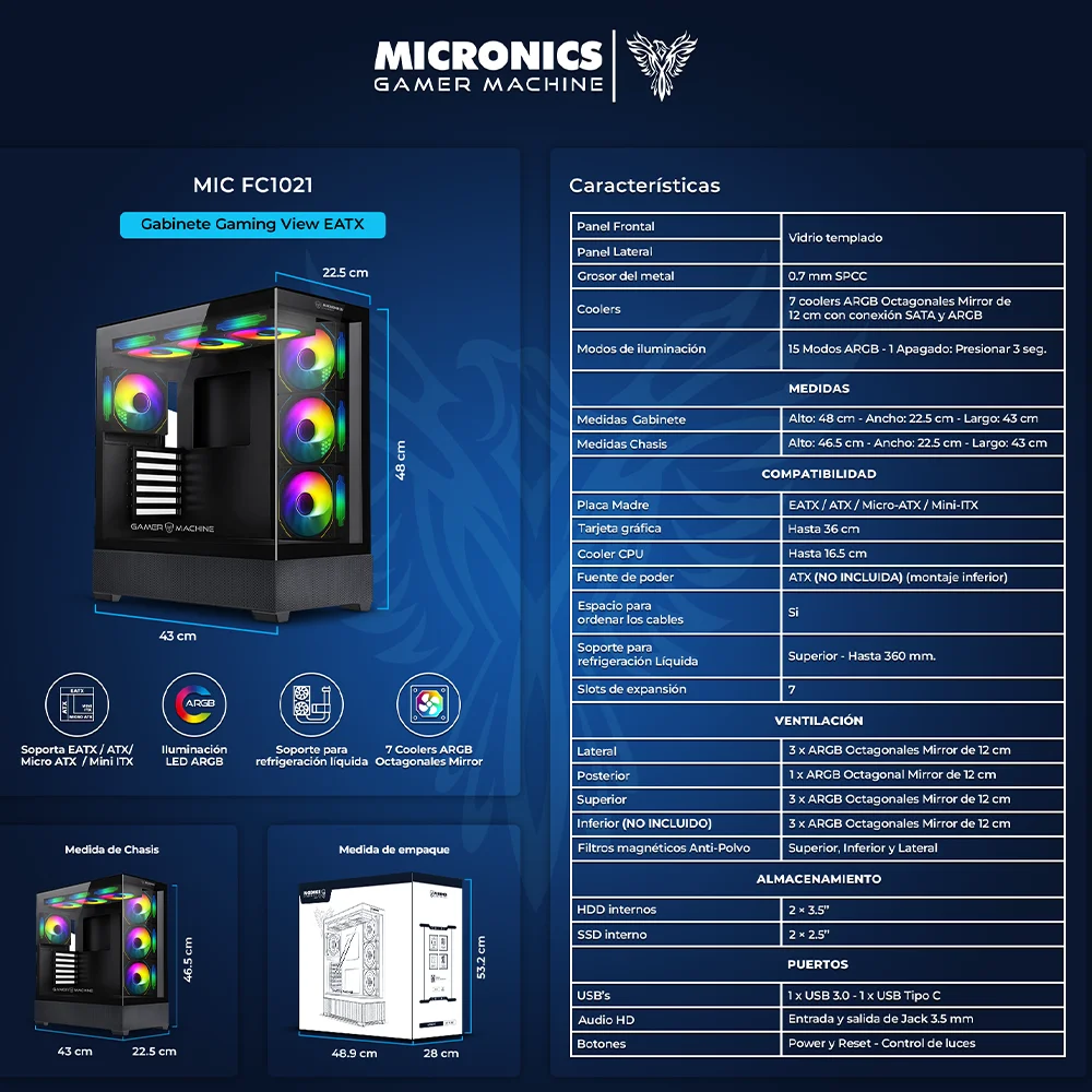 Gabinete Gamer Micronics MIC FC1021 - White 7Fan ARGB Iluminación LED
