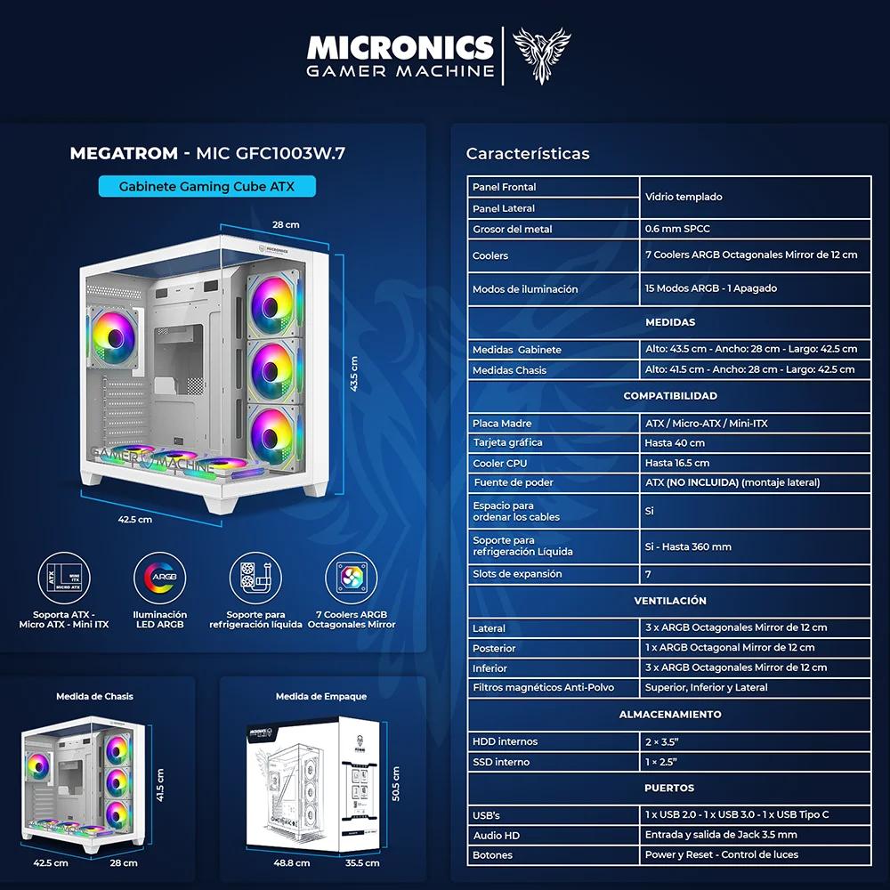 Gabinete Gamer Micronics Megatron MIC GFC1003W.7 - White 7Fan ARGB (7 Cooler) Refrigeración