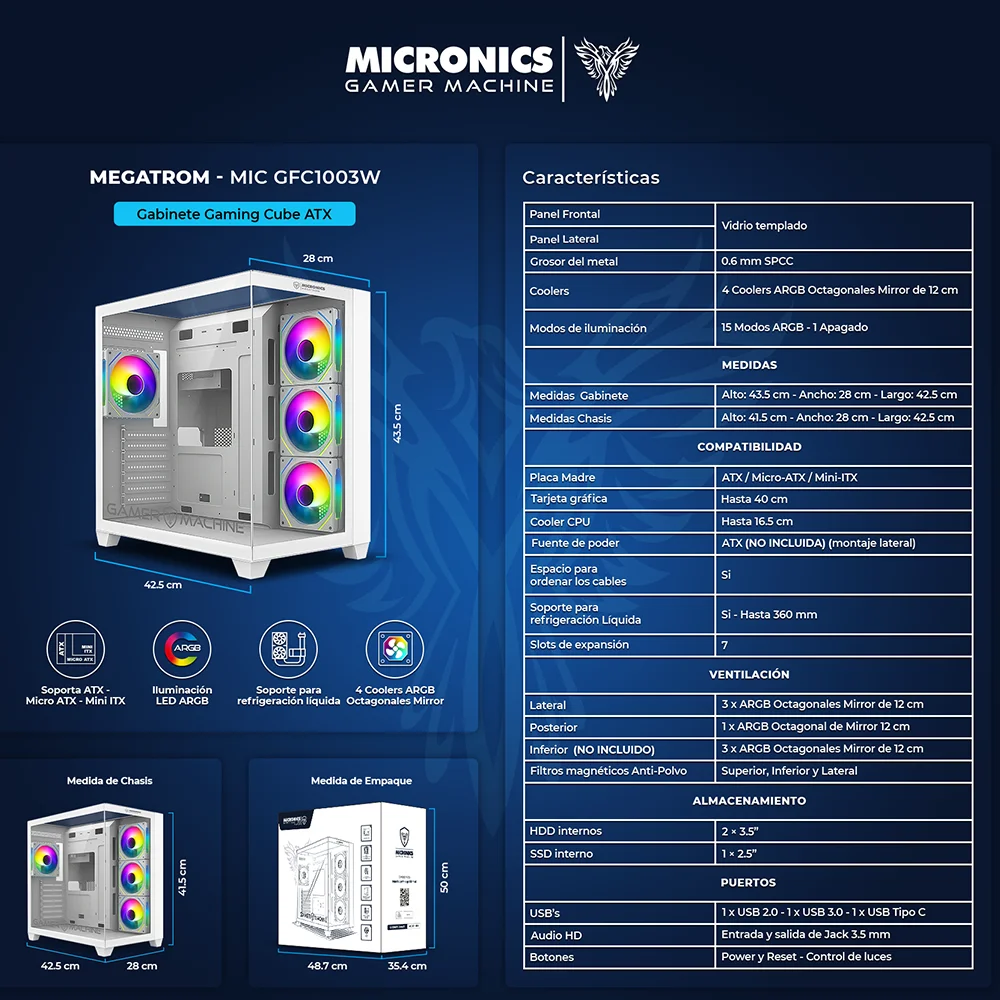 Gabinete Gamer Micronics Megatron MIC GFC1003W - White 4Fan ARGB (4 Cooler) Refrigeración
