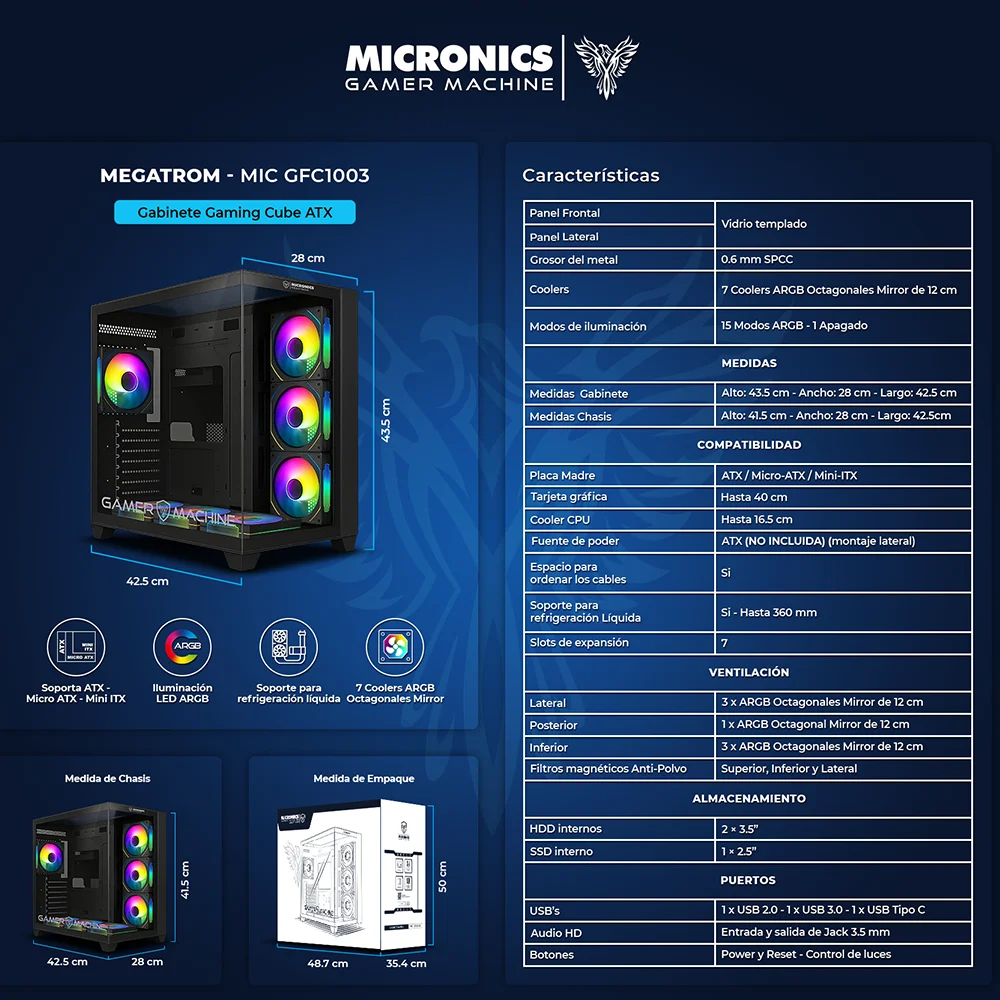 Gabinete Gamer Micronics Megatron MIC GFC1003 - Black 7Fan ARGB Iluminación LED
