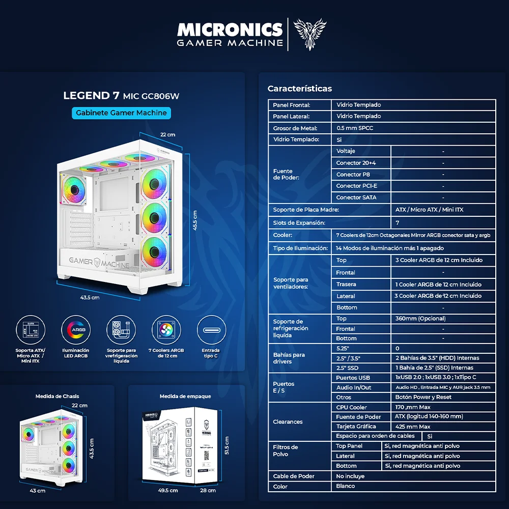Gabinete Gamer Micronics Legend MIC GC806 - 7 Black 7Fan ARGB Iluminación LED