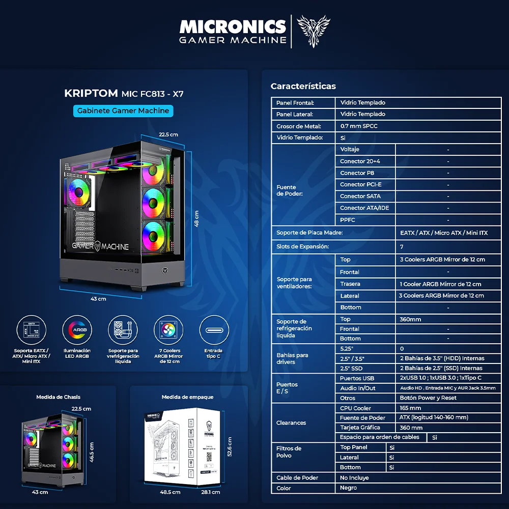 Gabinete Gamer Micronics Kriptom 7Fan MIC FC813-X7 - ARGB Iluminación LED