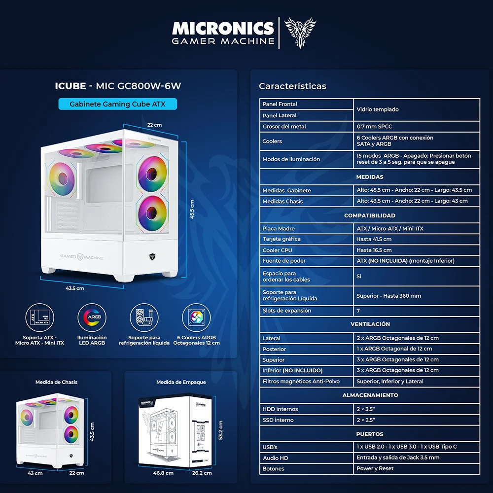 Gabinete Gamer Micronics Icube MIC GC800-6W - White 4Fan RGB Iluminación LED