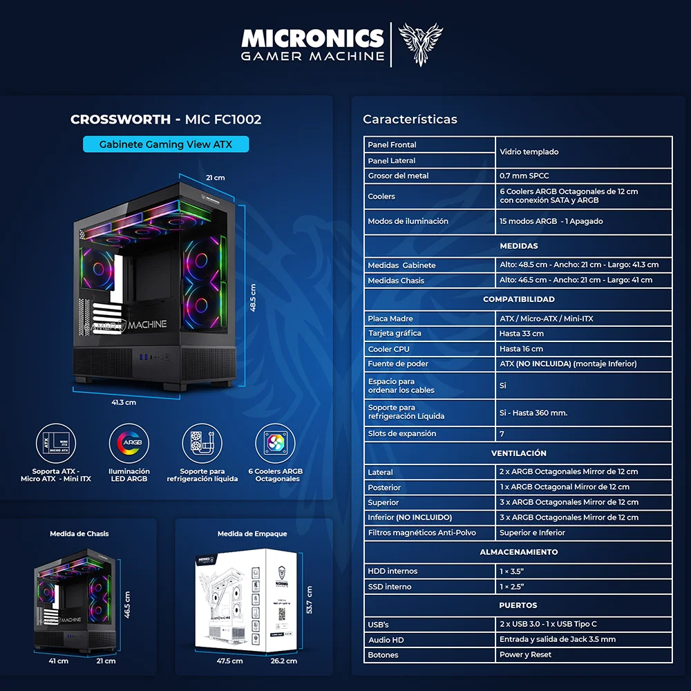 Gabinete Gamer Micronics Crossworth 6Fan MIC FC1002 - ARGB Iluminación LED