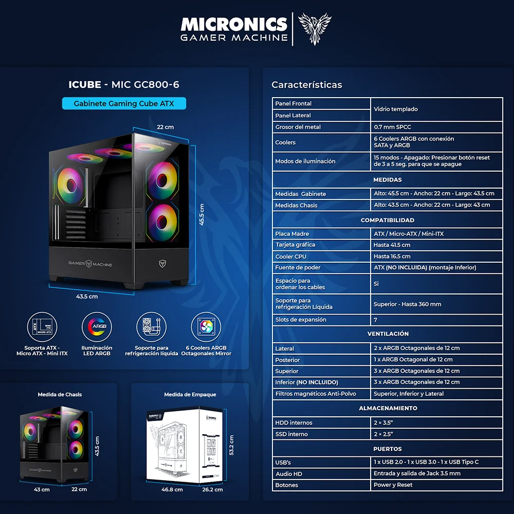 Gabinete Gamer Micronics Icube MIC GC800-6 - Black 6Fan RGB Iluminación LED