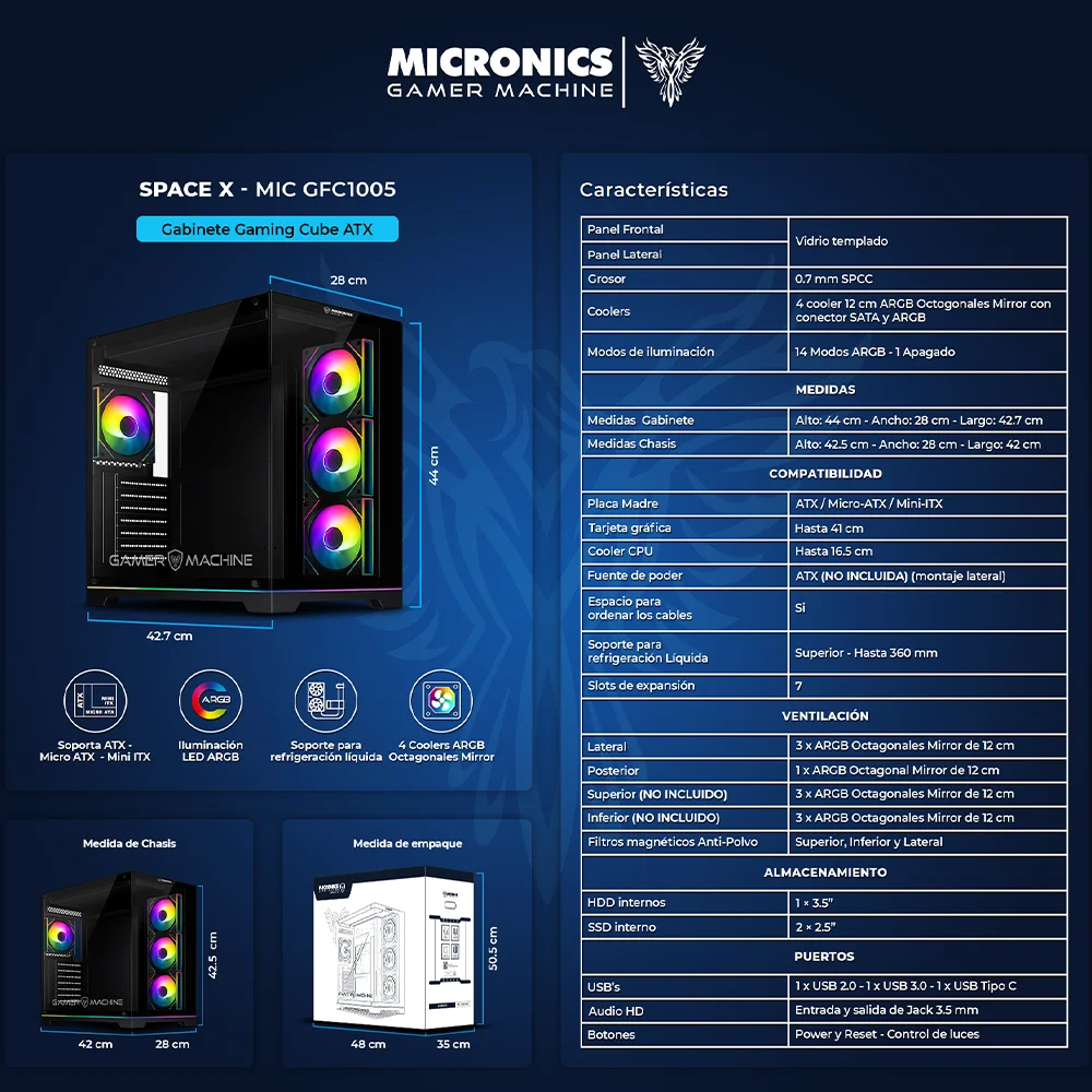 Gabinete Gamer Micronics Space X 4Fan MIC GFC1005 - ARGB Iluminación LED