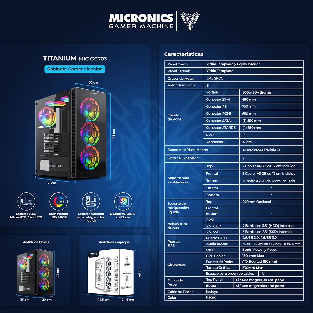 Gabinete Gamer Micronics Titanium Fuente MIC GC703 - 500W 80 Plus 6 Fans ARGB