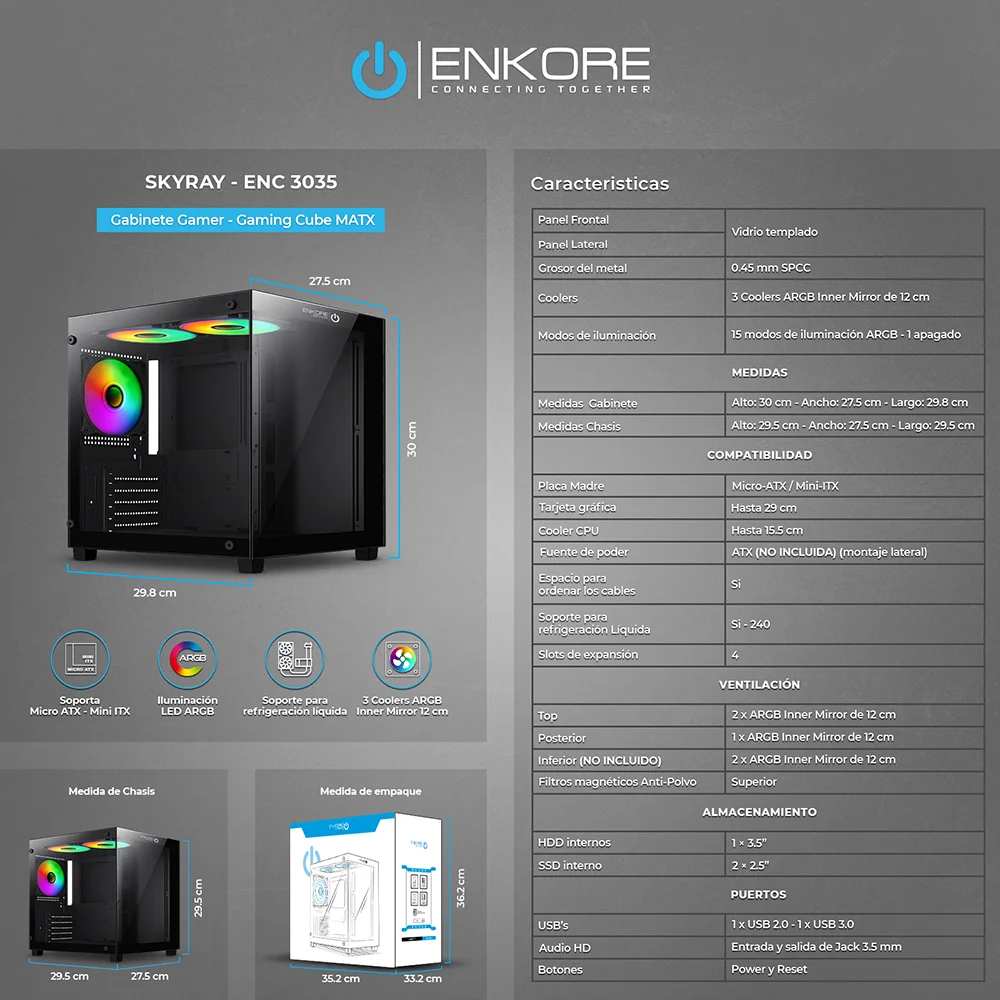 Case Gamer Enkore Skyray ENC 3035 con 3 Ventiladores ARGB