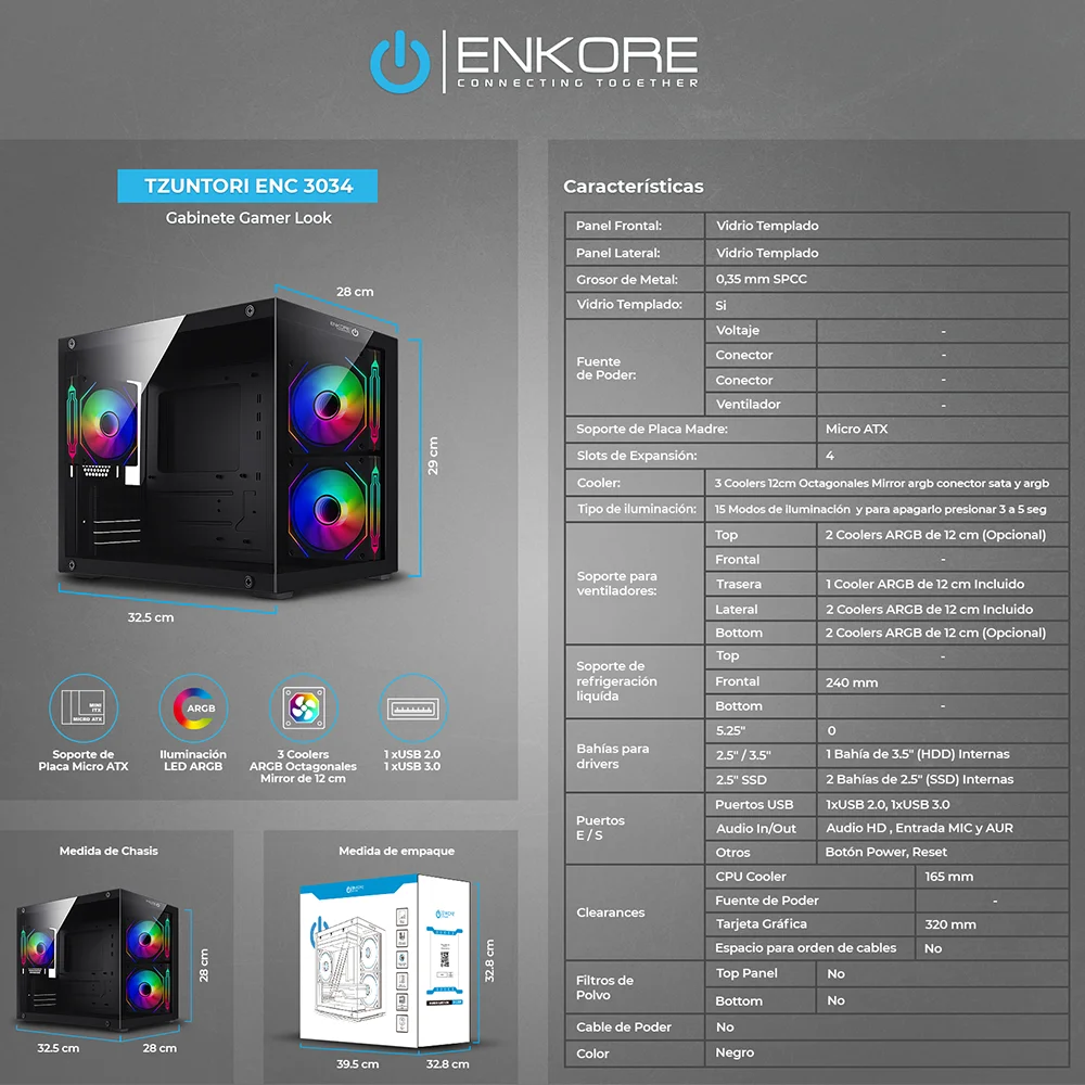 Case Gamer Enkore Tzuntori ENC 3034 con 3 Ventiladores ARGB Color Negro