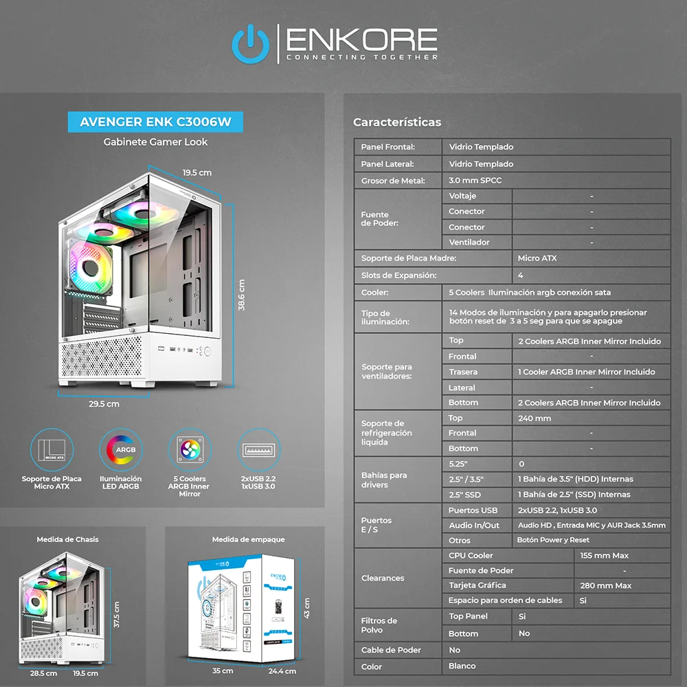 Case Gamer Enkore Avenger ENK C3006W con 5 Ventiladores ARGB Color Blanco