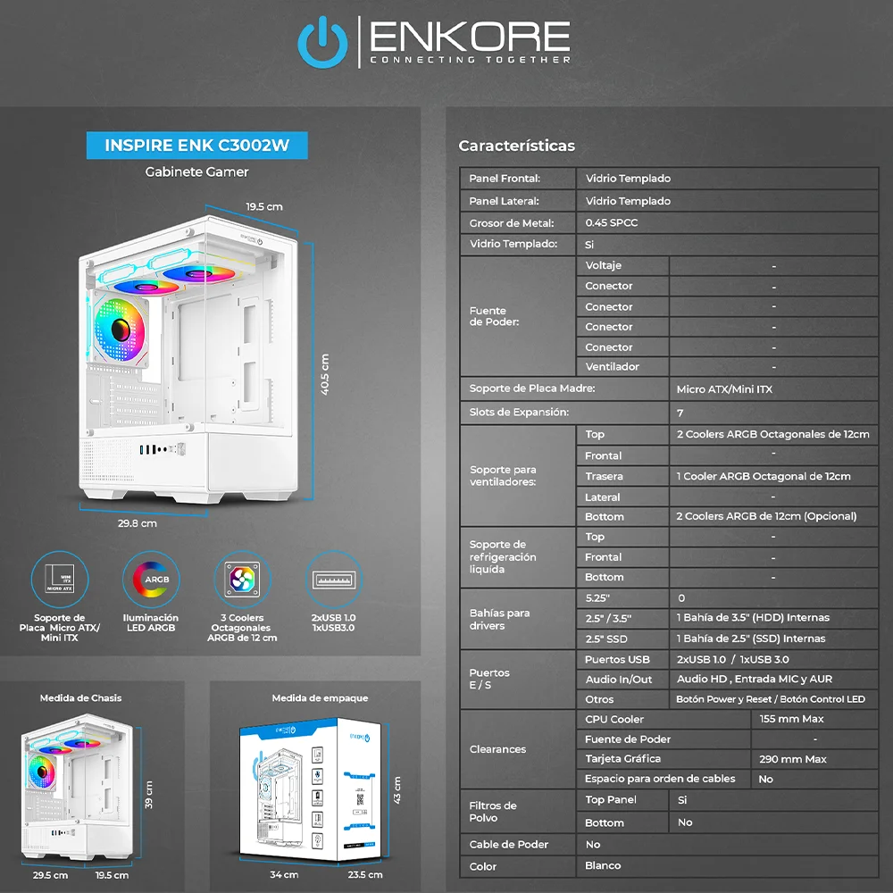 Case Gamer Enkore Inspire ENK C3002W con 3 Ventiladores RGB Color Blanco