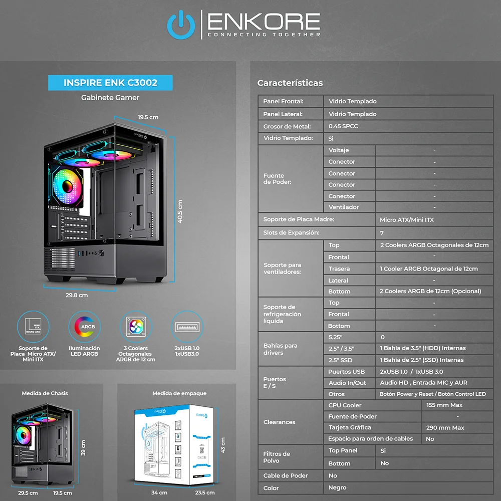 Case Gamer Enkore Inspire ENK C3002 con 3 Ventiladores RGB Color Negro